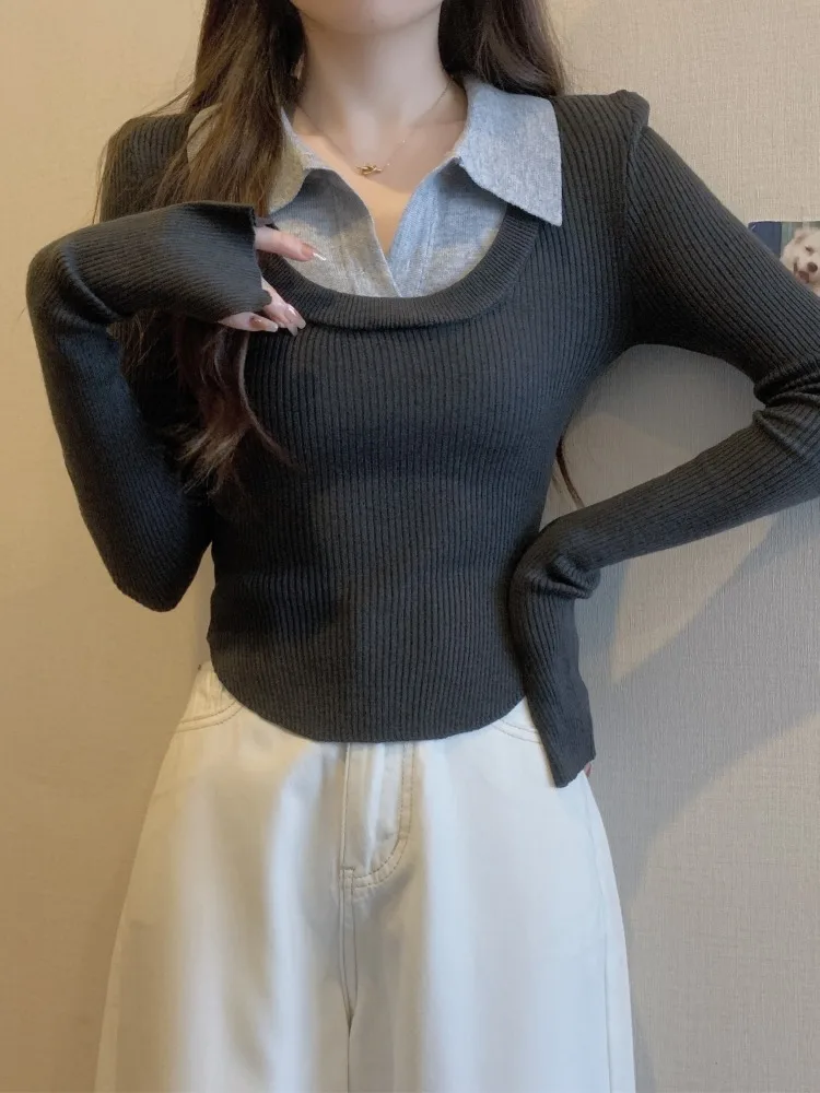 

Sweaters Jumpers Pullovers Womens Autumn Clothes Mock Two-Pieces Contrast Basic Basketball Daily Game Sport Streetwears