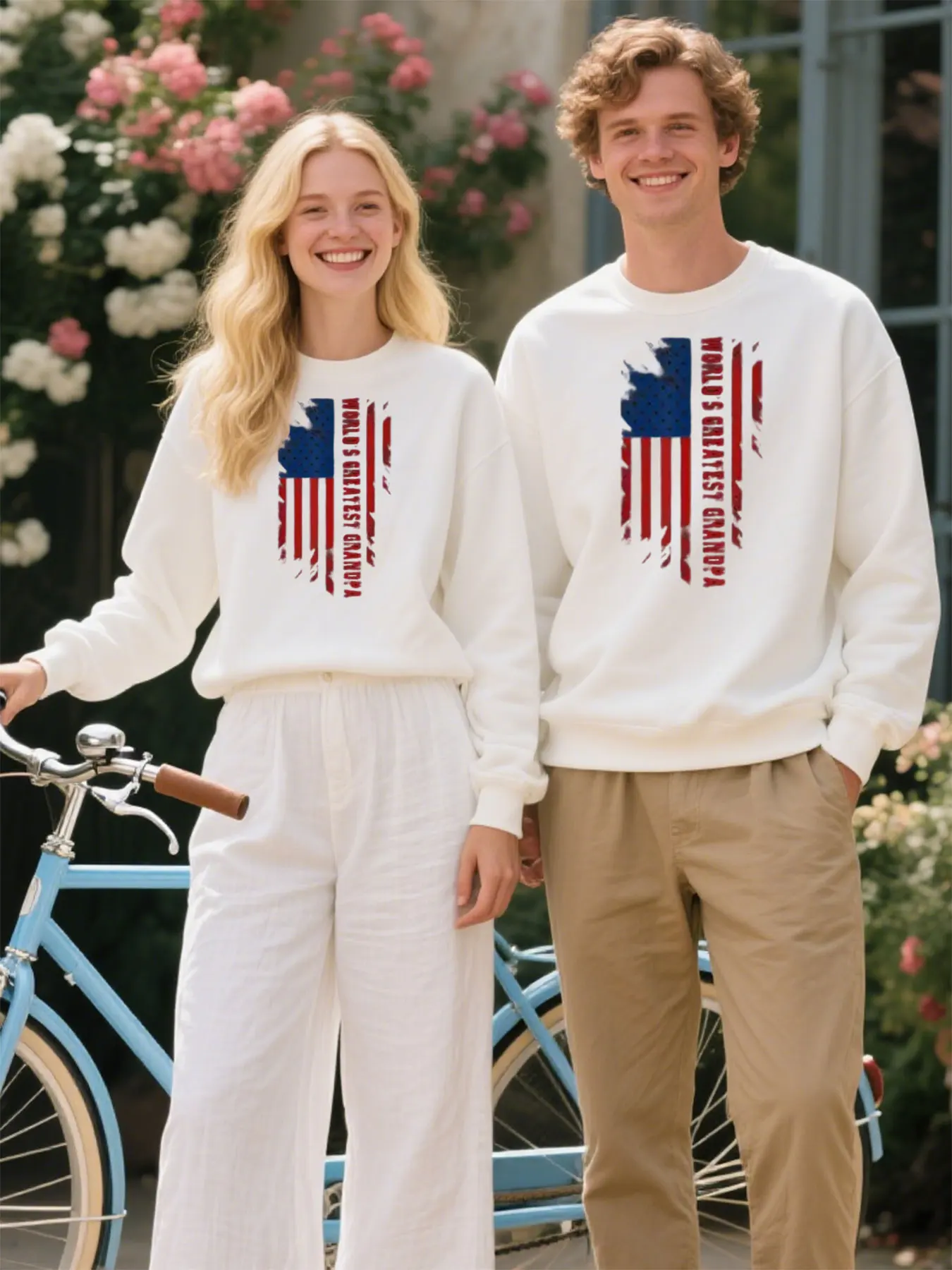 Col rond unisexe en coton doux avec le plus grand grand grand grand-père du monde et imprimé drapeau américain, parfait pour un cadeau d'anniversaire