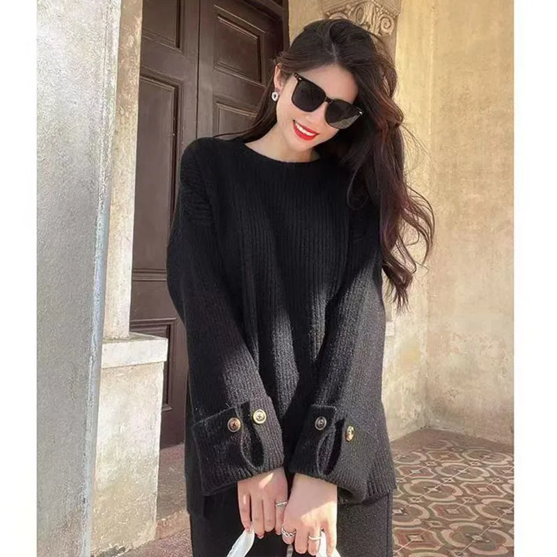 Irregular round neck pullover sweater with design sense, women's set, autumn and winter knitted skirt, casual two-piece setdress