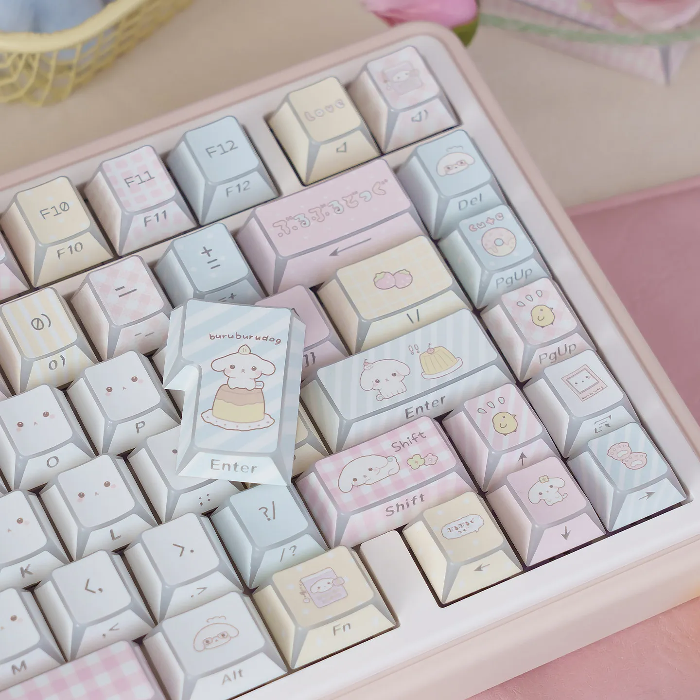 MAIMOOO Plush Puppy Shadow Keycap Cherry Profile PBT Custom Side Engraved Cute Blue Pink Keycaps for MX Mechanical Keyboard