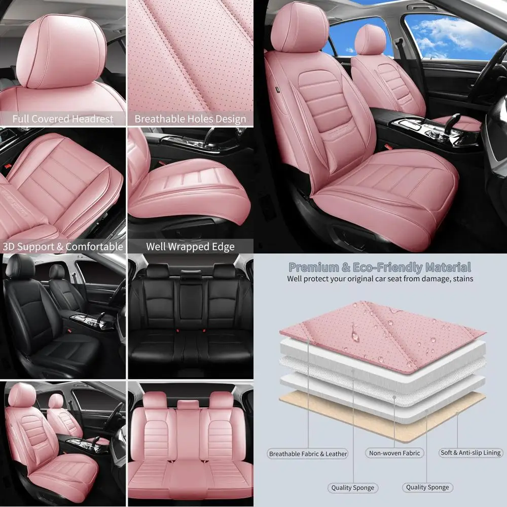 

Полный комплект розовых чехлов на автомобильные сиденья, универсальные чехлы на сиденья из искусственной кожи для 5-местных автомобилей, водонепроницаемые кожаные чехлы на автомобильные сиденья, удобные
