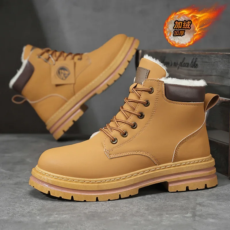 Men Winter Fleece Lined Ankle Boots Shiny Black Leather Lace Up Thick Lug Sole Warm Casual Outdoor Working Shoes