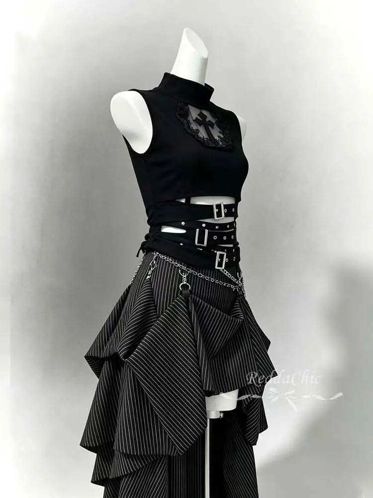 REDDACHiC Lace Hollow Sleeveless Top Skirt Women Set Goth Black Stripe Bustle Skirt Belt Tank Top Grunge Music Festival Outfits image 2
