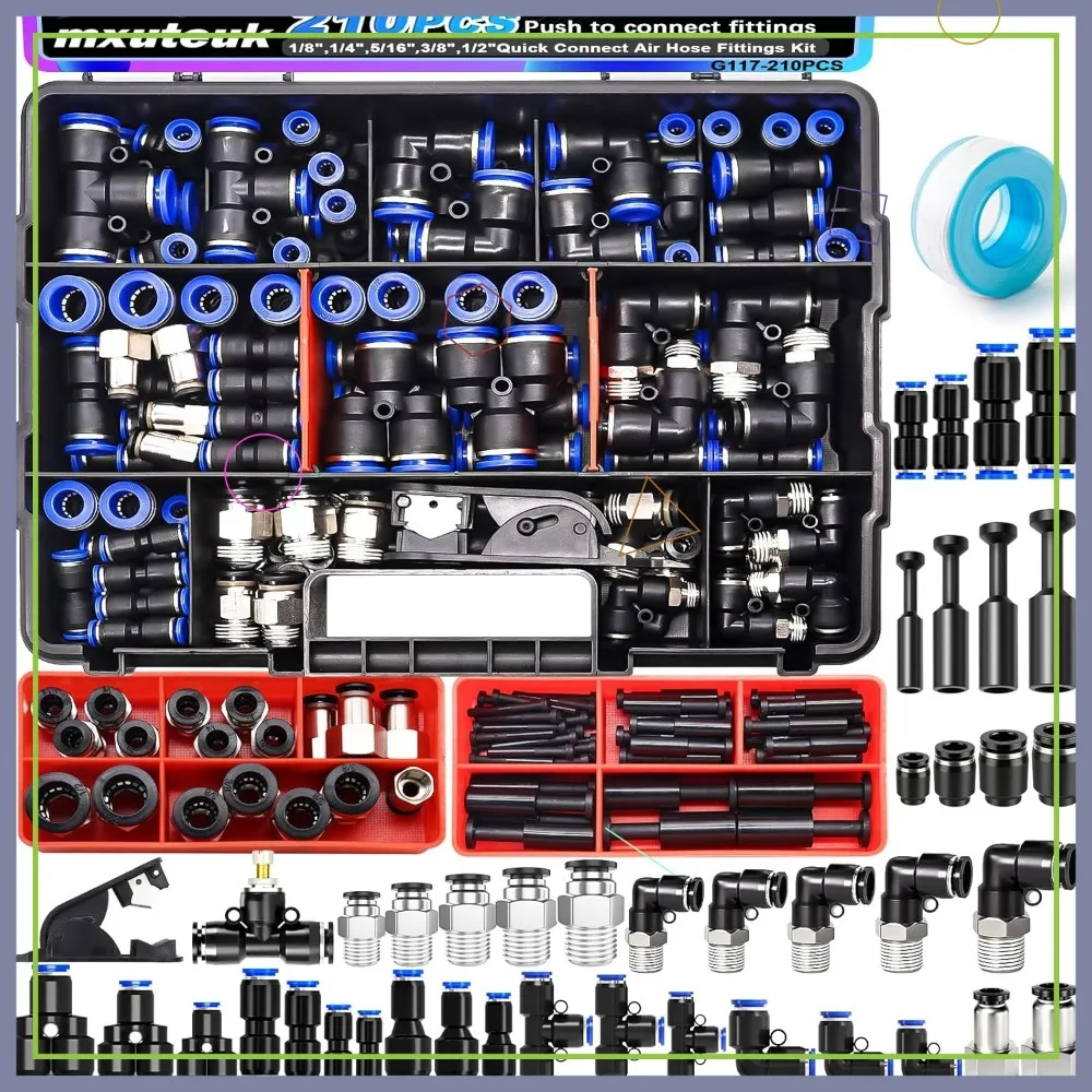 

210PCS Air Line Quick Connect Fittings Kit, 1/8" 1/4" 5/16" 3/8" 1/2" 4/6/8/10mm OD Push to Connect, Pneumatic Fittings Set