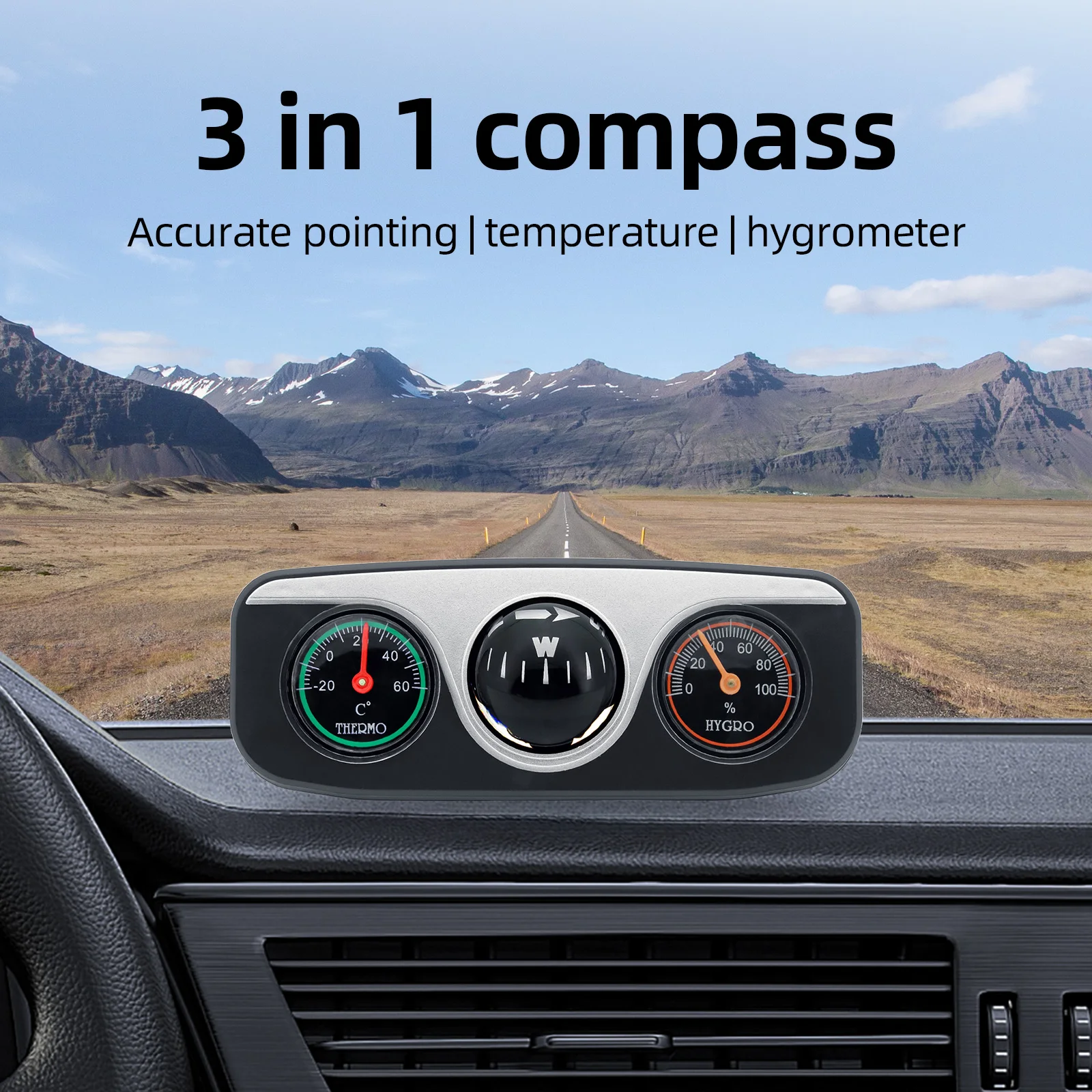 3 in 1 Multifunctional Car Guide Ball Compass Thermometer Hygrometer Auto Dashboard Interior Decoration For Vehicle Boat Truck