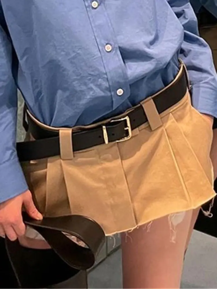 Khaki Mini Skirt Pleated Women 2024 Summer Low Waist Skirt Fashion Tassels Micro Short Skirt Female Bottoms Sexy Skirts Ladies