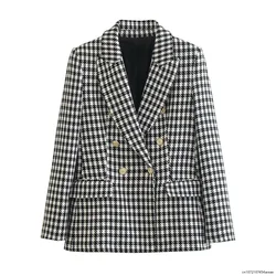 Damska modna dwurzędowa marynarka w Houndstooth w stylu Vintage z długimi rękawami z patkami damska odzież wierzchnia eleganckich kamizelek