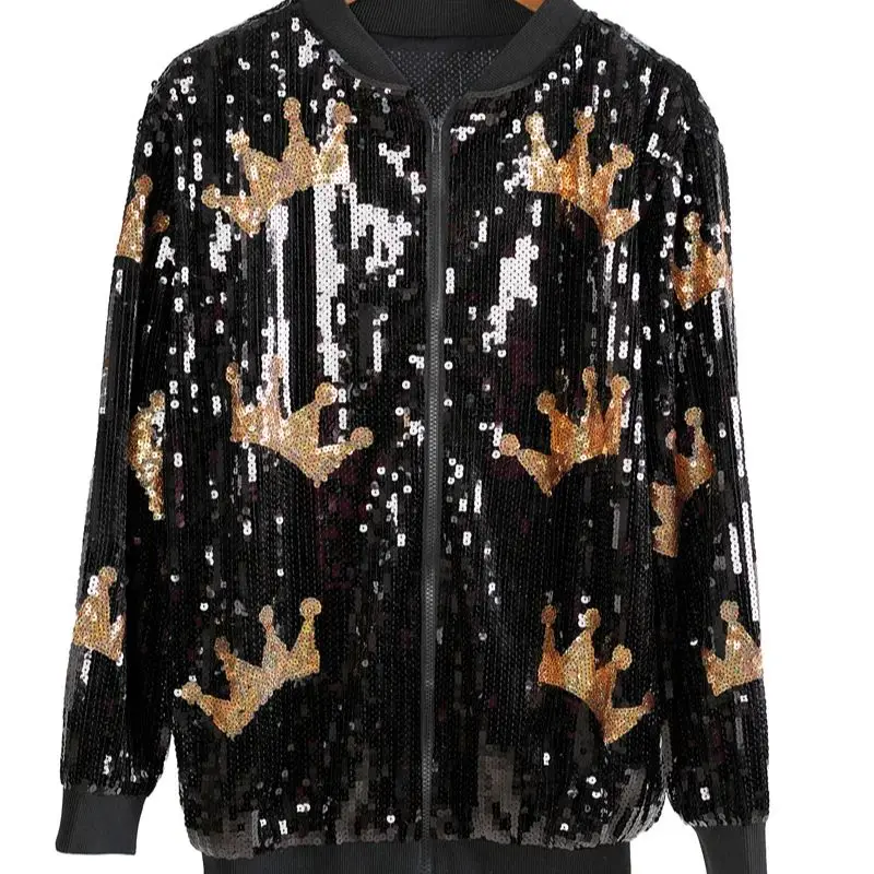 

Autumn And Spring New Long Sleeve Geometry Streetwear Loose Outerwear Jackets Sequins Hip Hop Zipper Women's Coats