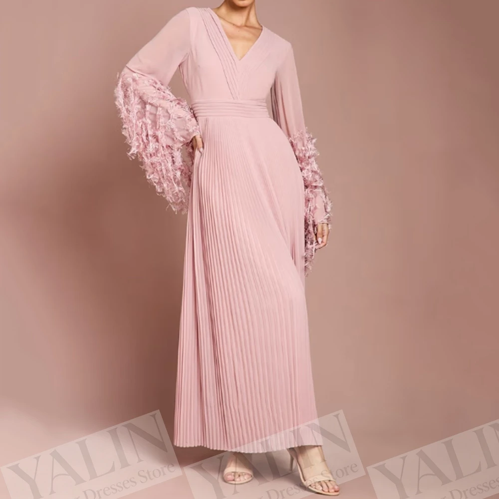 

Women's A-line Evening Dresses Ankle-length V-neck Full Sleeve Prom Dresses Fashion Ruched Simple Draped Casual Customized Gowns
