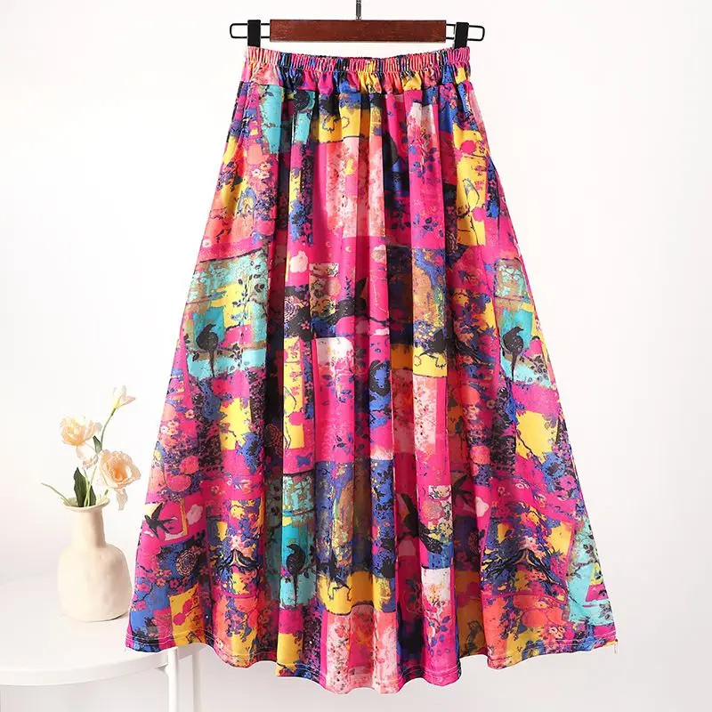 Personality  Skinny meat-covering ethnic style printing long skirt Versatile hip-covering belly swinging A-shaped skirt