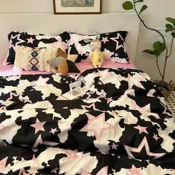 Conjunto de cama floral macio para meninas, rosa e preto, capa de edredão, fronha, lençol de cama queen e gêmeo, estilo fashion