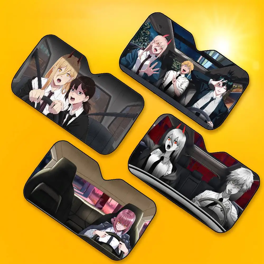 C-Chainsaw Man Anime Car SunShade Windshield Foldable Three-layer Insulation Sunshade By Suction Cup Blocks UV Rays Sun