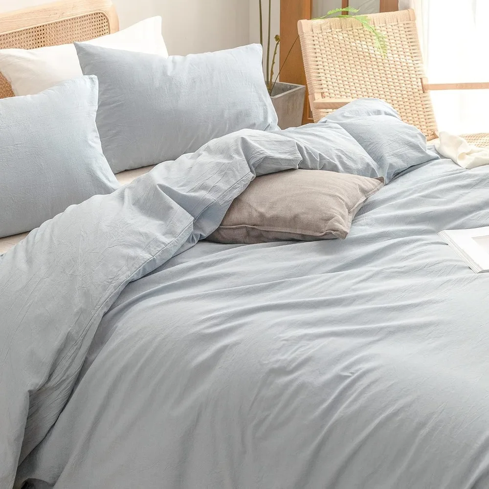 Cotton Solid Duvet Cover Set Linen Feel Cornflower Blue King