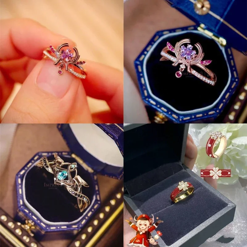 Anime Game Impact Focalors Yae Miko Rhinestones Open Ring Adjustable Rings for Cosplay Props Boy Girl Birthday Jewelry Gifts