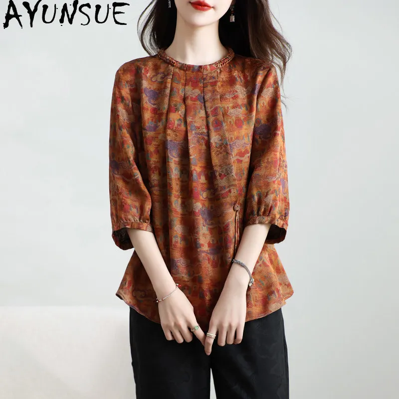 AYUNSUE 100% Mulberry Silk T-shirt Elegant Blouses for Women Summer Clothes Vintage Womens Tops Print Gambiered Guangdong Gauze