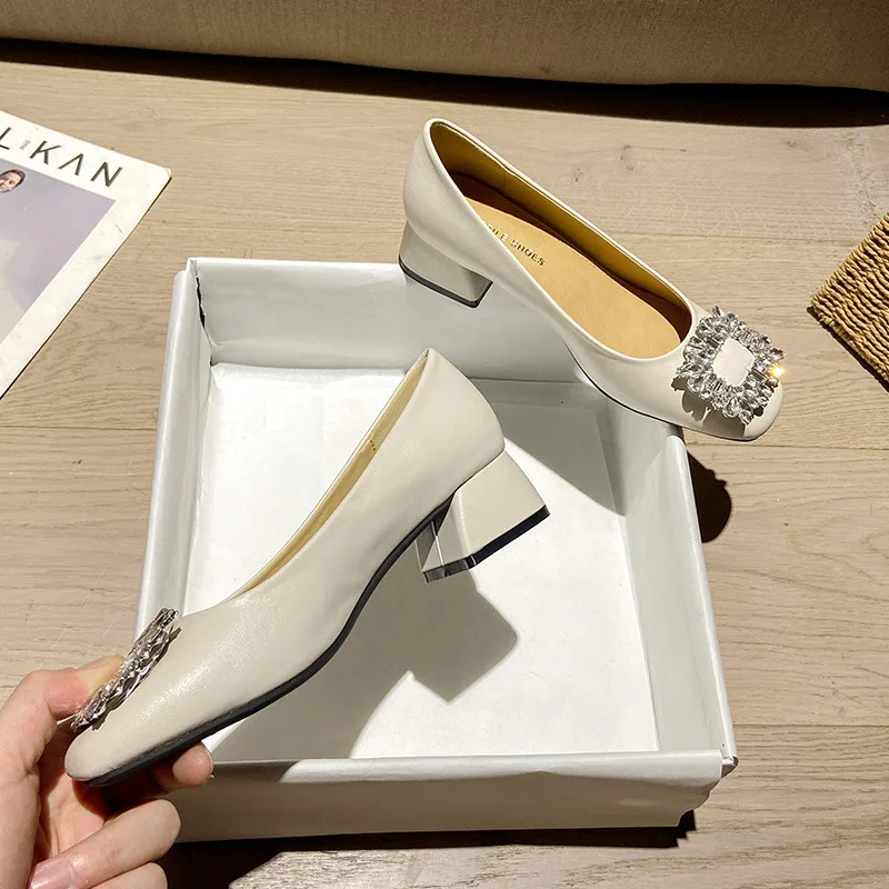 

Round Toe Crystal Women Shoes Solid Slip on Mary Janes Outdoor Thick Heel Sandals Zapatos Mujer