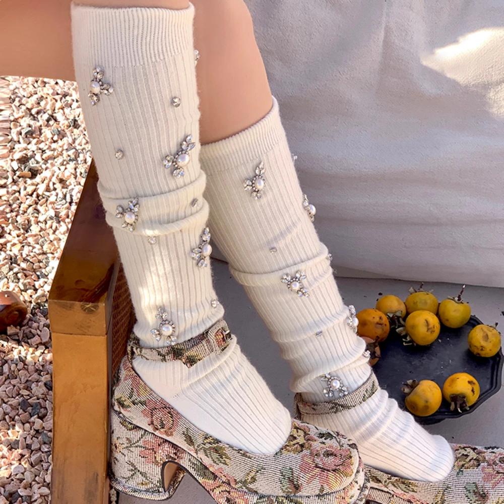 

Thick Wool over Tube Socks Vertical Stripes Solid Color Rhinestone Pearl Model Style Autumn and Winter