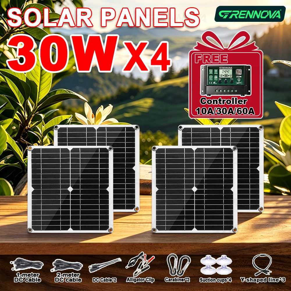 GRENNOVA Small Square Compact 30W Flexible Solar Panel 280x280mm 1-4PCS with Free 60A Controller Dual USB DC for Camping Outdoor