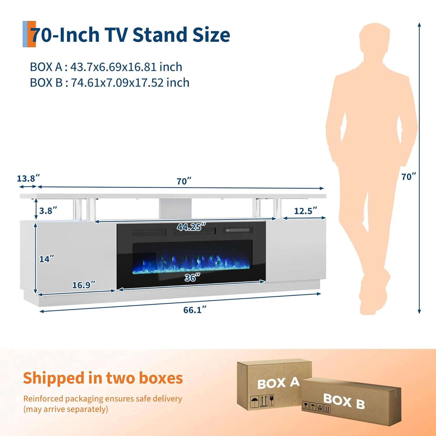 حامل تلفزيون مدفأة مقاس 70 بوصة مع سخان كهربائي وأضواء LED مقاس 36 بوصة - وحدة تحكم وسائط عالية اللمعان وخزائن تخزين تناسب أجهزة التلفاز حتى 80 بوصة