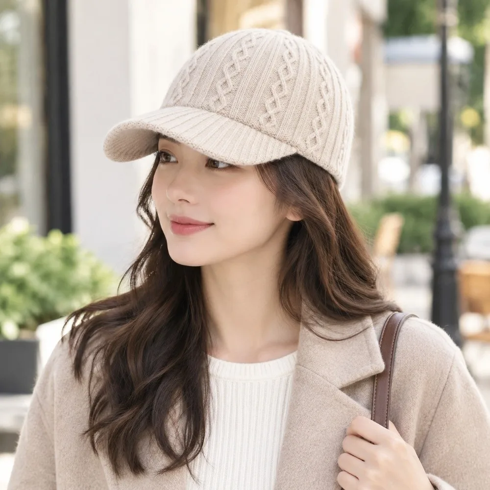 Fashion Soft Cable Knit Cap Thermal Solid Color Baseball Hat Warm-keeping Minimalist Warm Cap Women