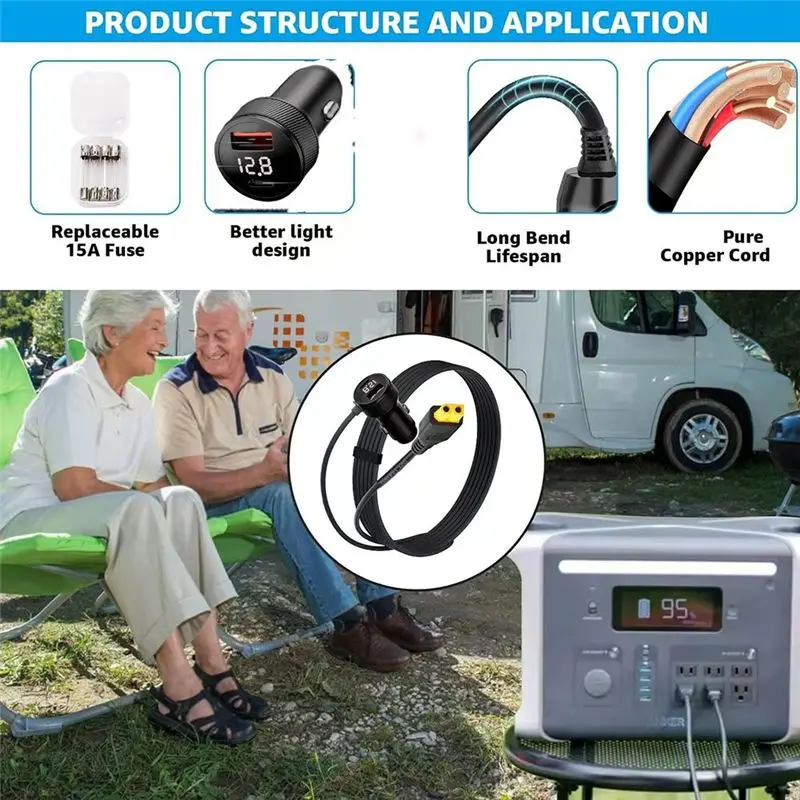 ABGI XT60 Plug Car 12V/24V DC with Digital Display for Drone Solar Panel RV, 16AWG Cigarette Lighter Adapter