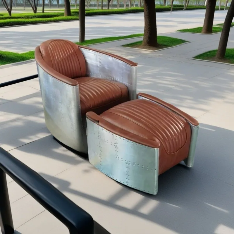 American retro industrial style casual sofa chair with pedals living room bedroom study leather aluminum rivet chair