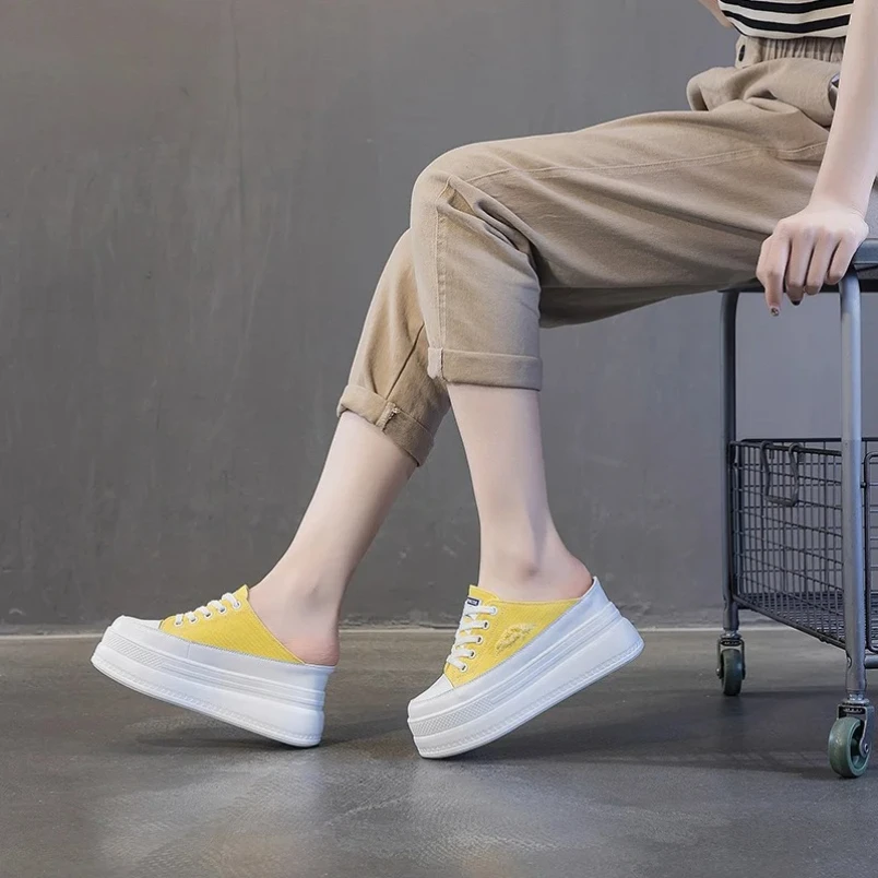 

2025 женские тапочки на платформе, весна-лето, получешки для женщин, летние тапочки на высоком каблуке, женская парусиновая обувь на платформе