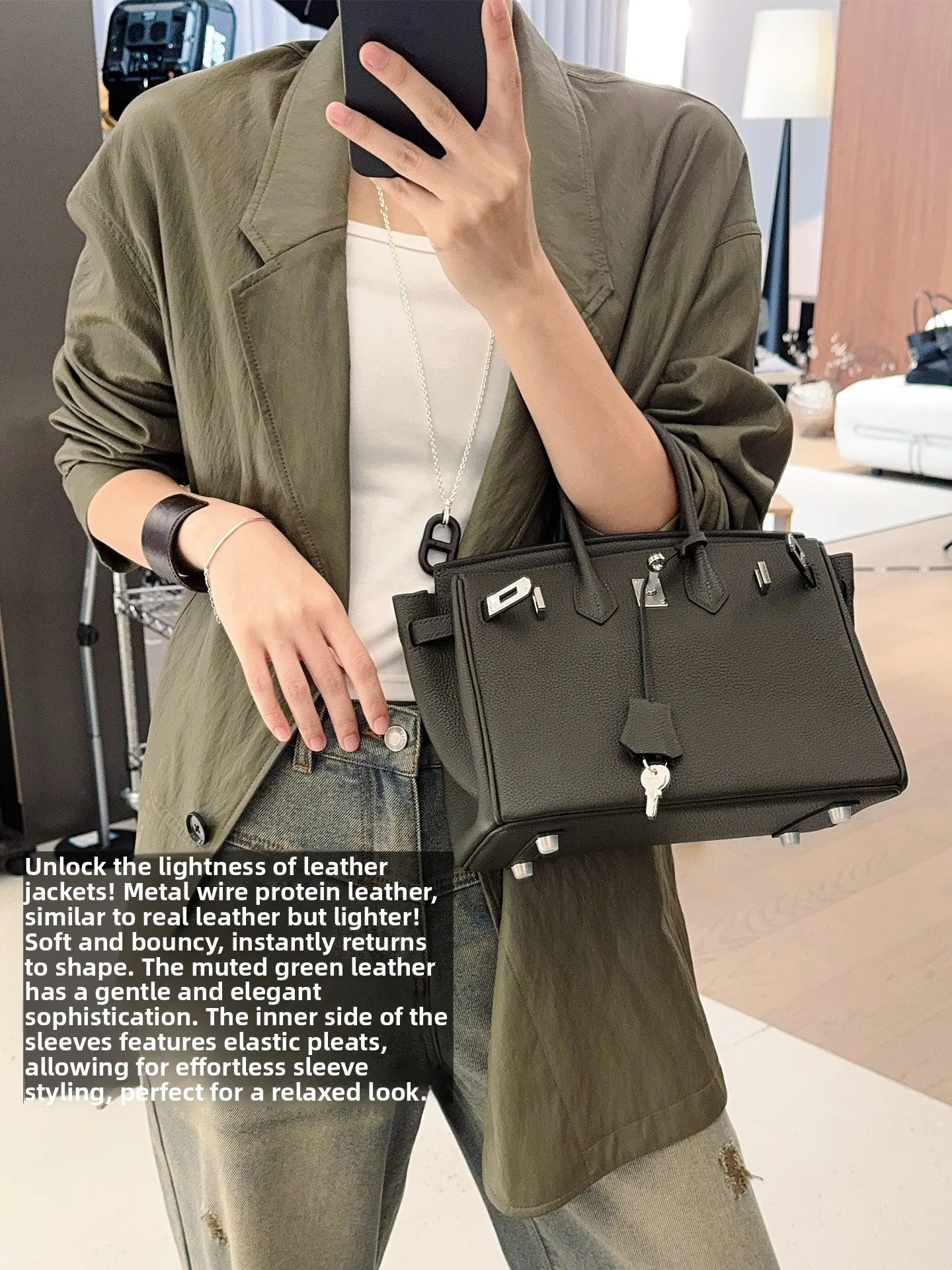 Bounce Protein Leather Jaet Metal Wire Folded Outerwear Light Experience Street Sle Loose Fit Long Sve PU Leather Coat