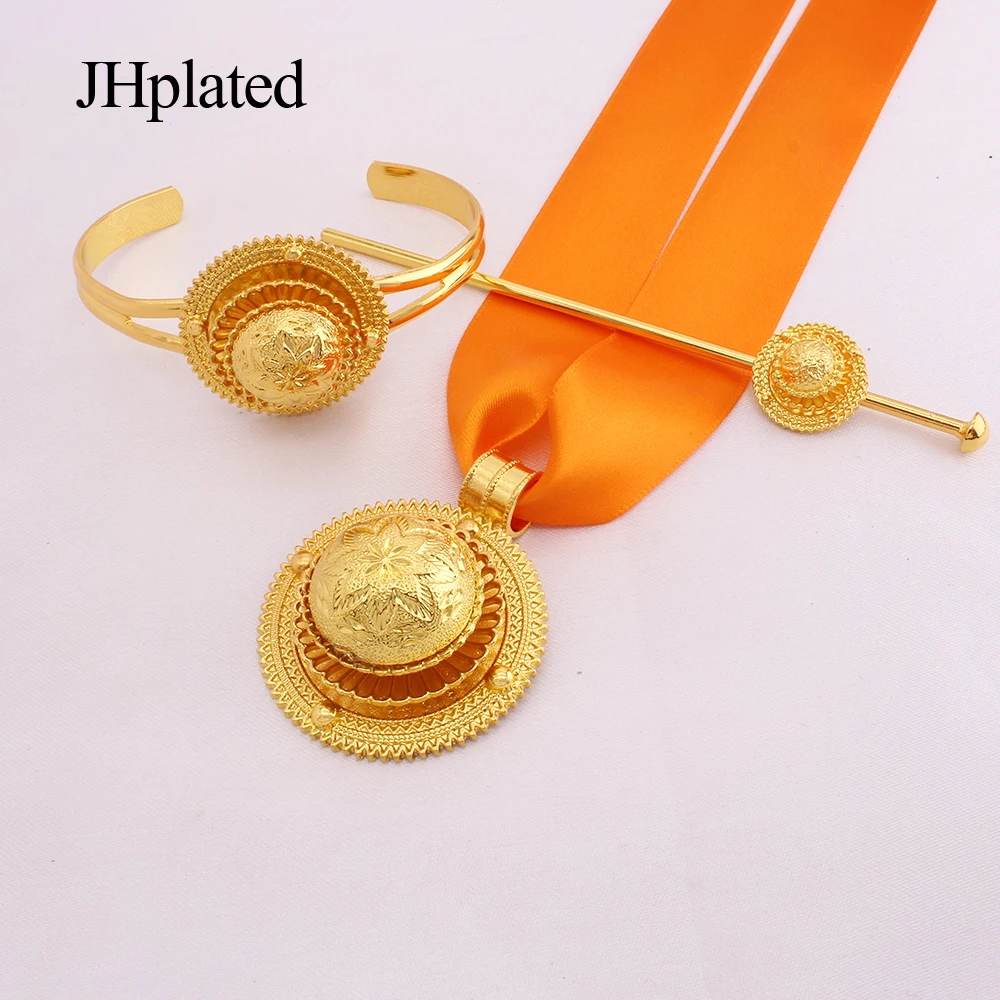 Luxury Gold color bridal Jewelry sets for women Ethiopian red rope pendant Hairpin necklace earrings bracelet ring wedding gift