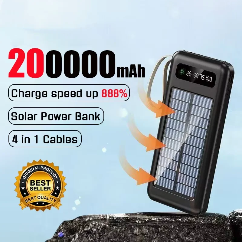 2026NEW 200000mAh Solar Power Bank Large Capacity Mobile Power Fast Charging Battery With Dual USB 4 Cables For iPhone Samsung
