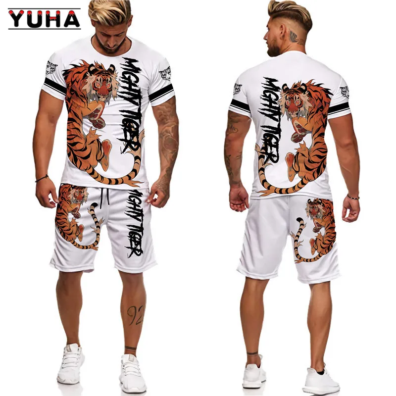 YUHA, Тигровый король, мужская футболка с 3D принтом + шорты, костюм унисекс, крутые летние топы с круглым вырезом с животными, мужская/женская