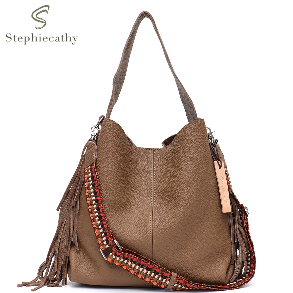 SC Luxury Italian Genuine Leather Women Hobo Handbag Retro Design Tassel Bucket Shoulder Bag Casual Large Wide Webbing Crossbody