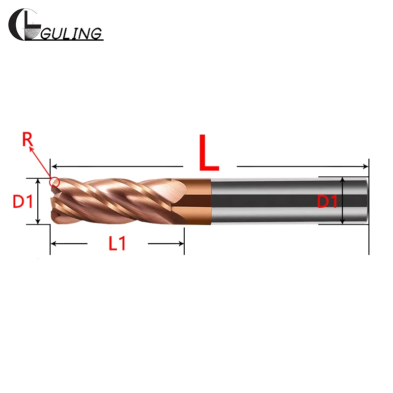 HRC56/65/70 Corner Radius End Mill 4 Flutes Tungsten Carbide Steel CNC R Bullnose Cutter Surface Machining Metal Router Tool