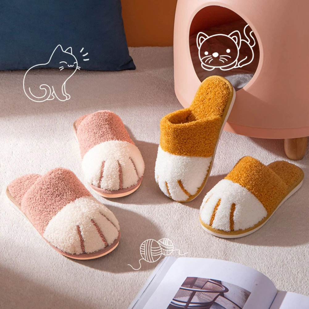 Plush Cat Paw Slippers Slip-on House Shoes Comfortable Furry Closed Toe Slippers Soft Warm Slippers for Living Room Bedroom