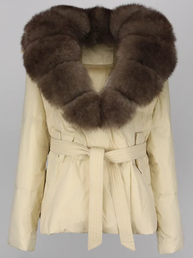 

2025 Women Winter Jacket Real Fox Fur Collar Natural Thick Warm 90% Duck Down Coat Belt Short Outerwear Streetwear Loose