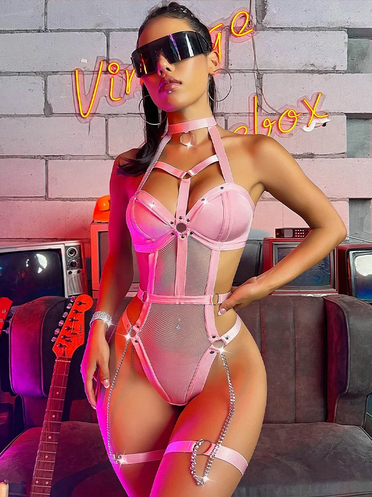 Hot Sexy Leather Lingerie Outfit Fishnet Bra Open Anal Underwear Push Up Hollow Breast Exposed Teddies Demon Cosplay Costumes image 5