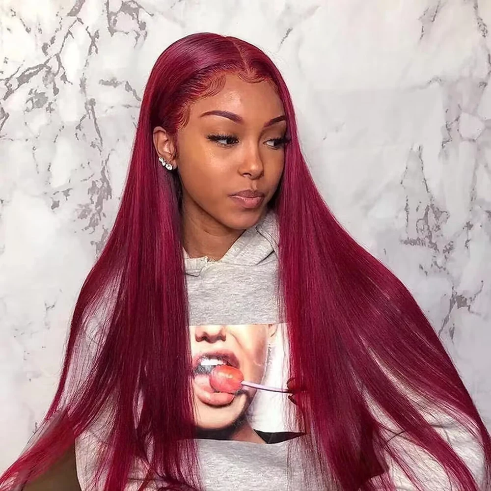 13x4 Lace Front Wig Human Hair Wigs 99J Red Burgundy Colored Transparent Pre Plucked Lace Frontal Human Hair Wigs Straight