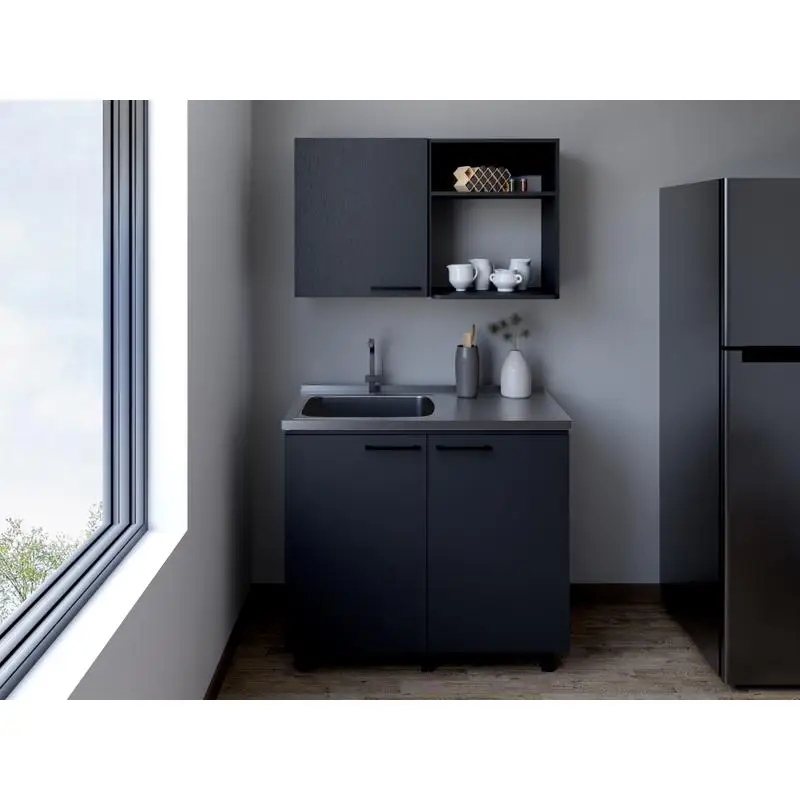 طقم مطبخ مكون من قطعتين: خزانة حائط وحوض أدوات بلمسة نهائية سوداء #1