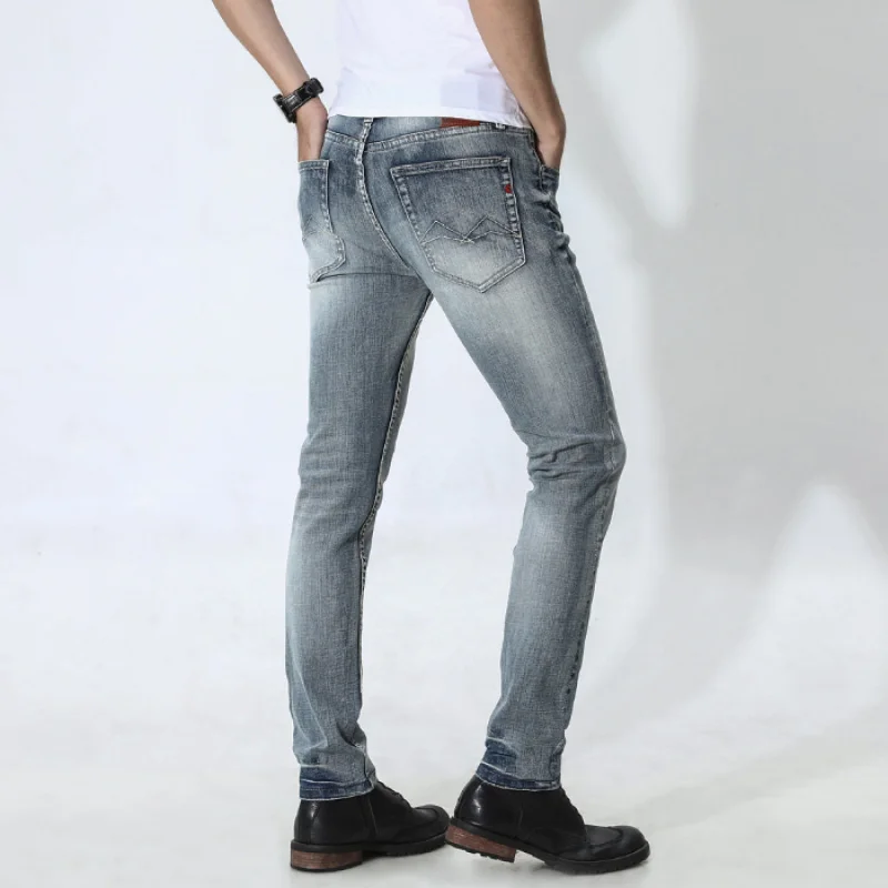 

JXN602 European high-end jeans men 2025 new trend Slim small feet men's elastic denim long trousers