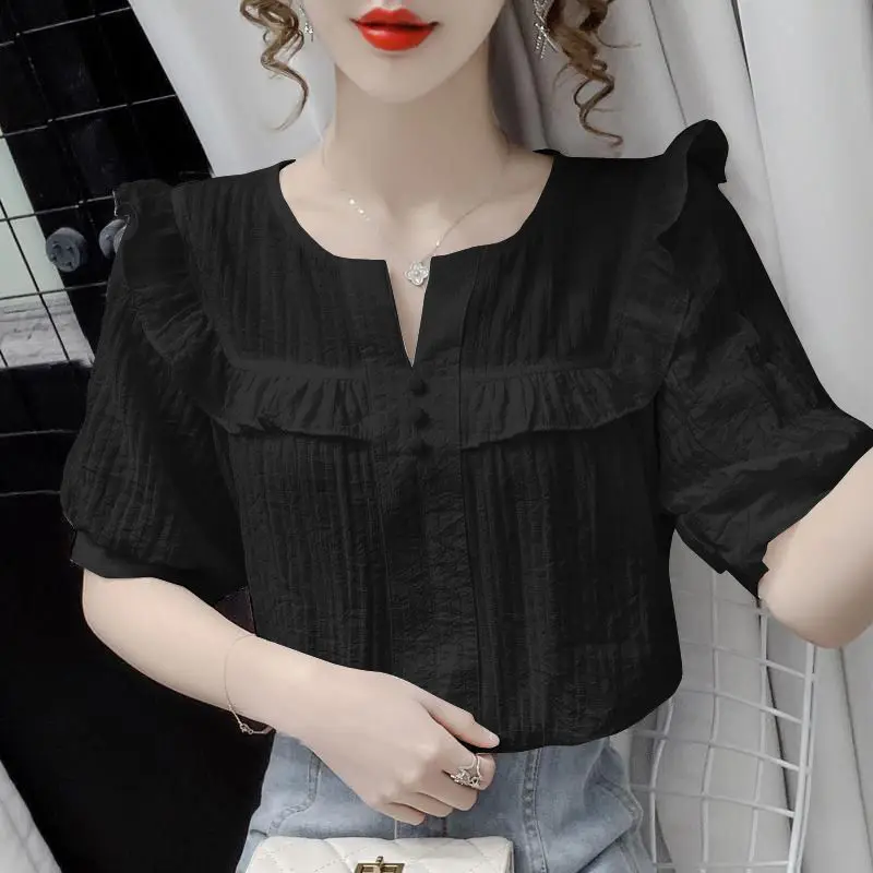 Women Summer Simplicity Loose Solid Color Fashion Chiffon V-neck Short Sleeve Shirts Women Clothes Casual All-match Trend Tops