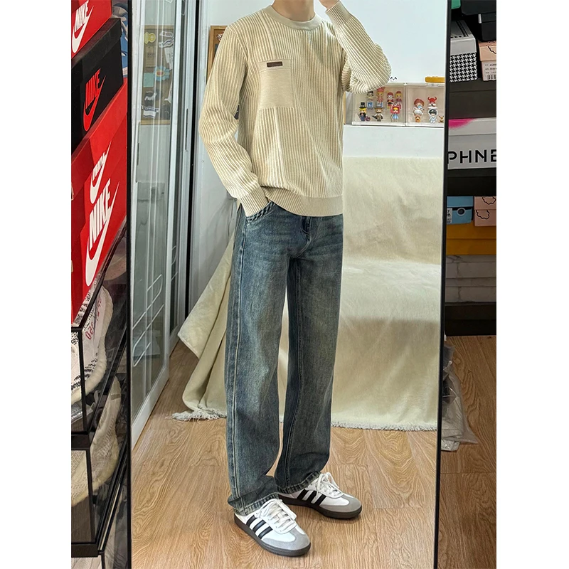 

Deep Blue Fce Lined Men's Jeans High Street Sle Loose Straight Leg Trousers Winter Youth Faion High Waist Long Pants