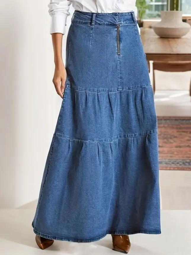 Spring Summer New Literature and Art and Retro Denim Half-body Skirt. A Pastoral Style Casual Patchwork Denim Cake Long Skirts
