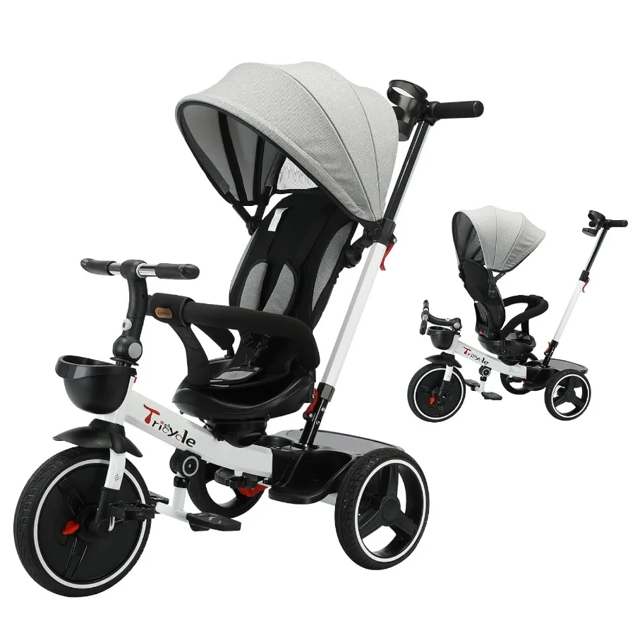 

6-in-1 Baby Tricycle for Toddlers with Adjustable Canopy Detachable Guardrail Safety Harness Folding Pedal Storage Bask