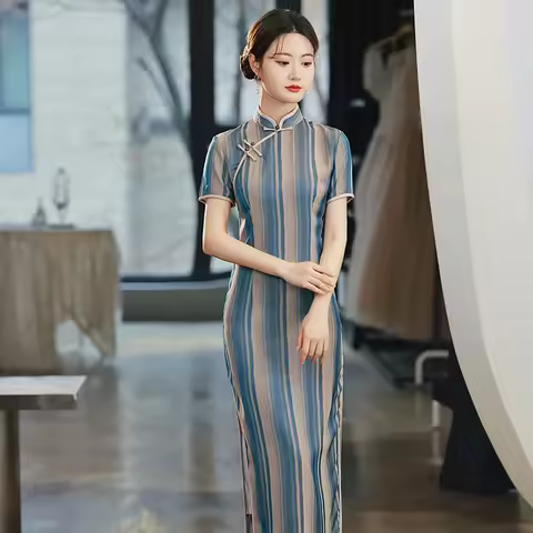 Yourqipao Summer Silk-like Jacquard Cheongsam Vertical Stripes Retro Qipao Chinese Traditional Style Evening Dress for Women