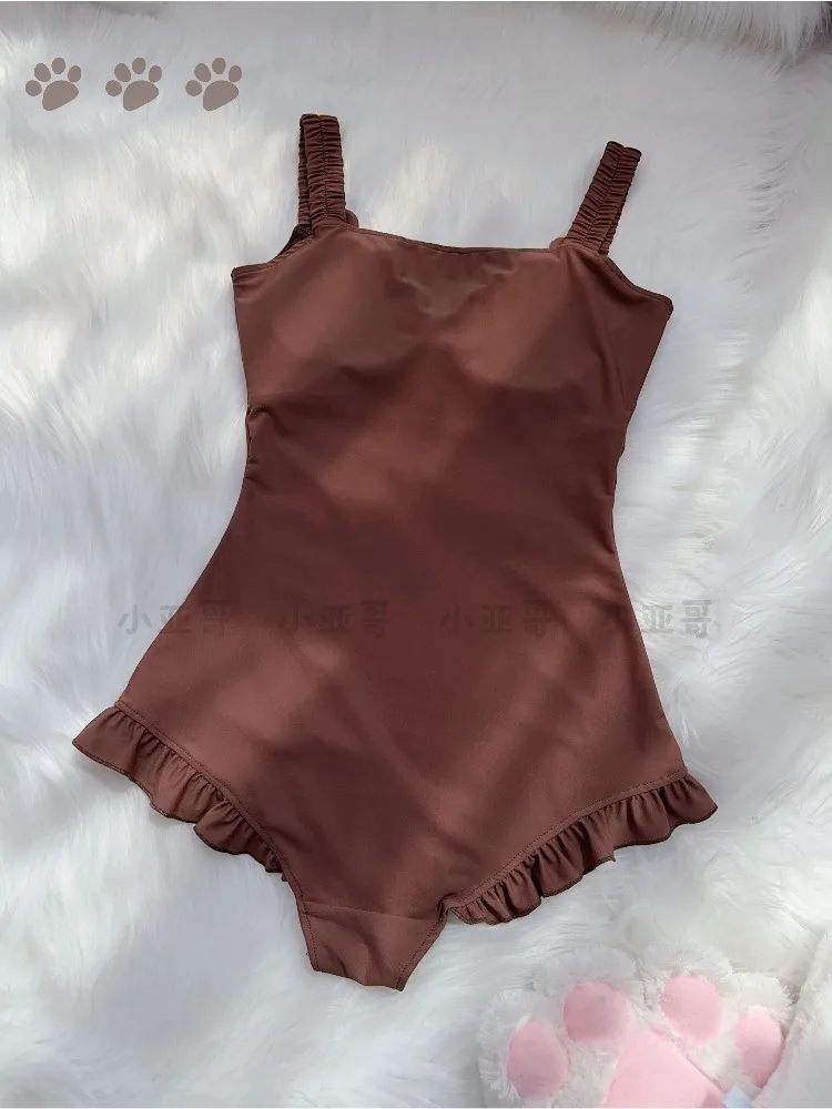 Cute Cartoon Bear One‑Piece Swimsuit for Women Sweet Kawaii StyleTriangle Dark Brown Cute Suspender Lace Swimwear Women