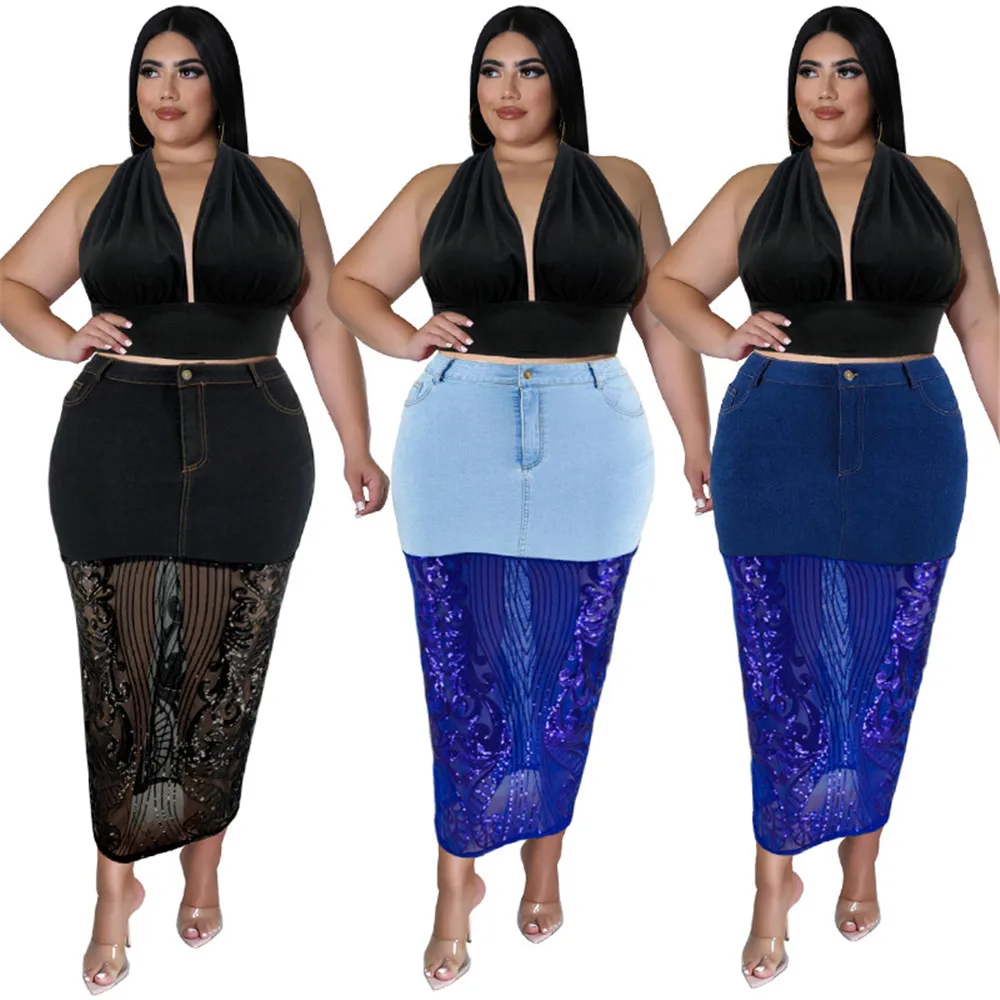 Wmstar Plus Size Only Skirts Women's Clothing Denim Maxi with Mesh Patchwork Sexy Medium Stretch Skirt Wholesale Dropshipping