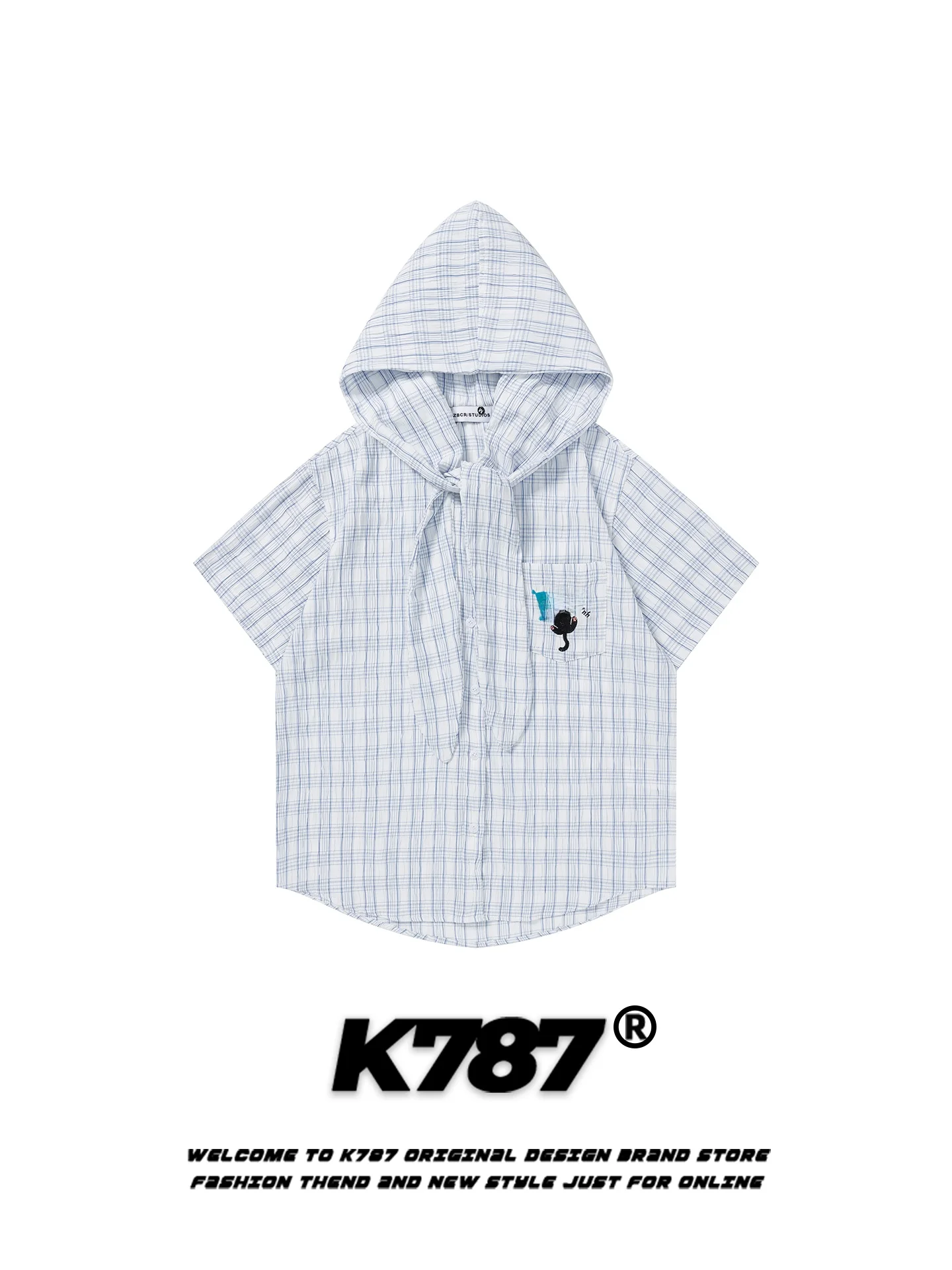 

K787 American Retro College Sle Embroidery ort Sve irt with Hood ex Belted Scarf Casual Loose Fit Summer irt