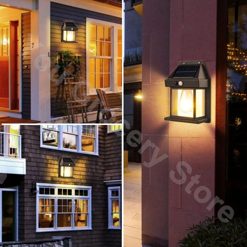 Vintage Solar Tungsten Wall Lamp Motion Sensor IP65 Waterproof Outdoor Lighting  For Outdoor Patio Porch Deck Garden Lighting