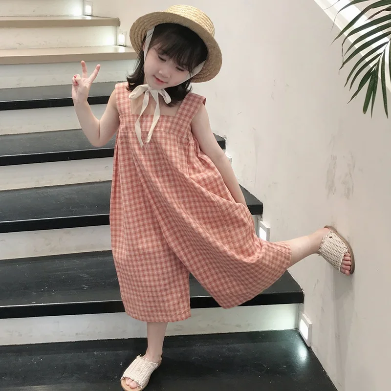 3-8T Girls Summer Jumpsuit Sweet Jumpsuits Plaid Sling Square Collar Overall Fashion Wide Leg Pants Baby Kids Clothes Streetwear