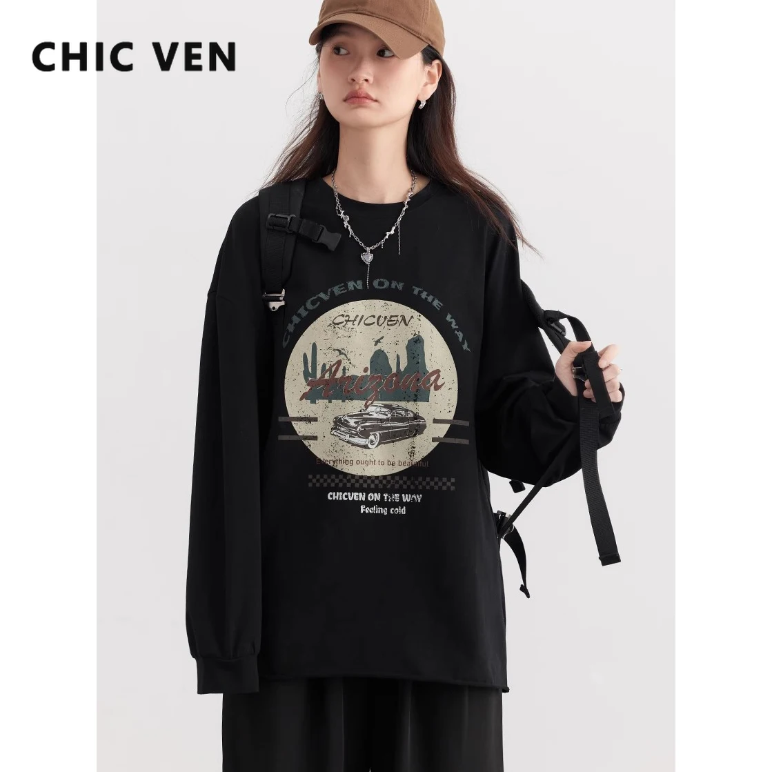 CHIC VEN  Women T-Shirts New Streetwear Round Neck Letter Printed Long Sleeved T-shirt Loose Inner Layer Top Spring Summer 2024